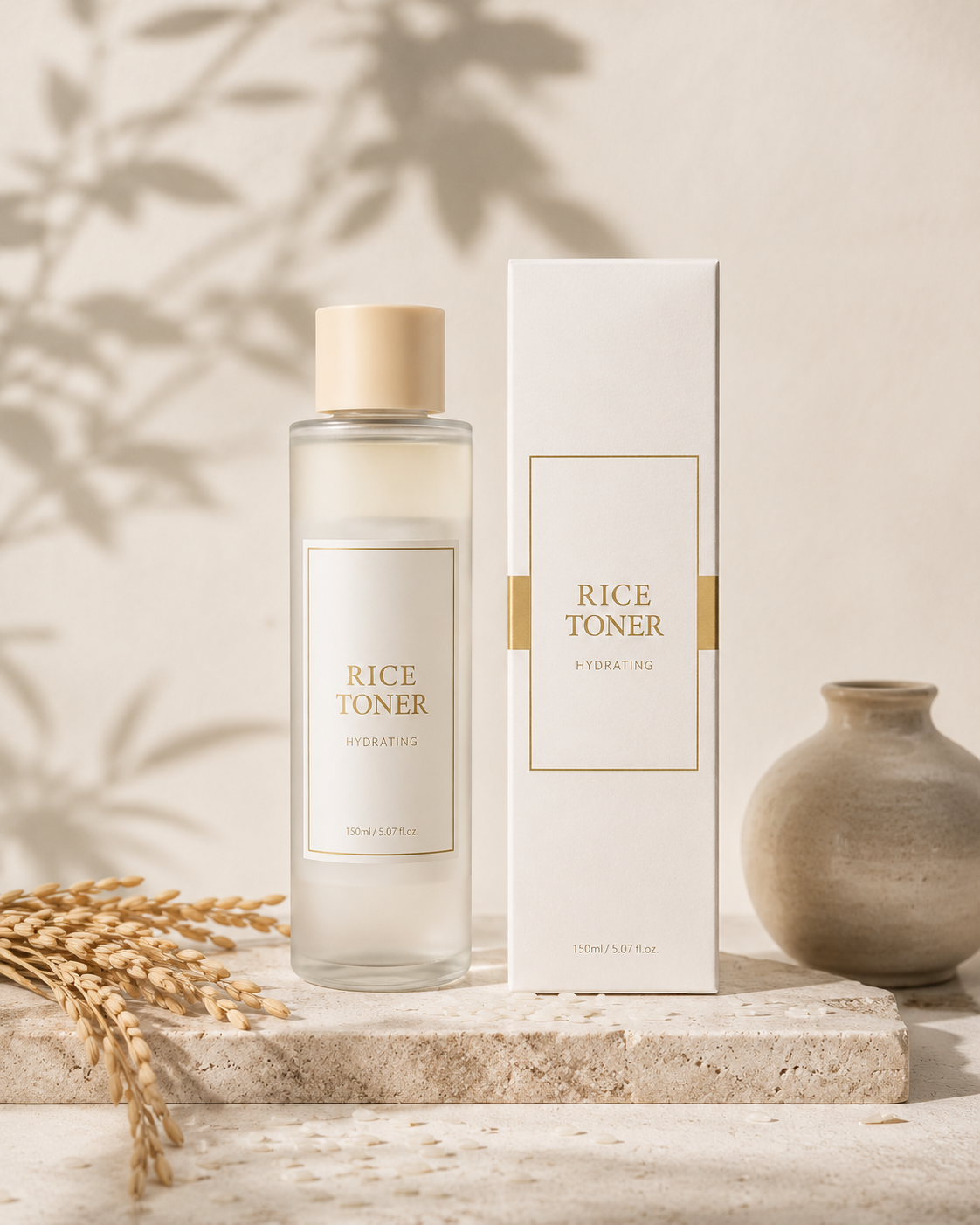 Rice Water Hydrating Toner in clear glass bottle with gold cap and white box on travertine stone with rice stalks and ceramic vase